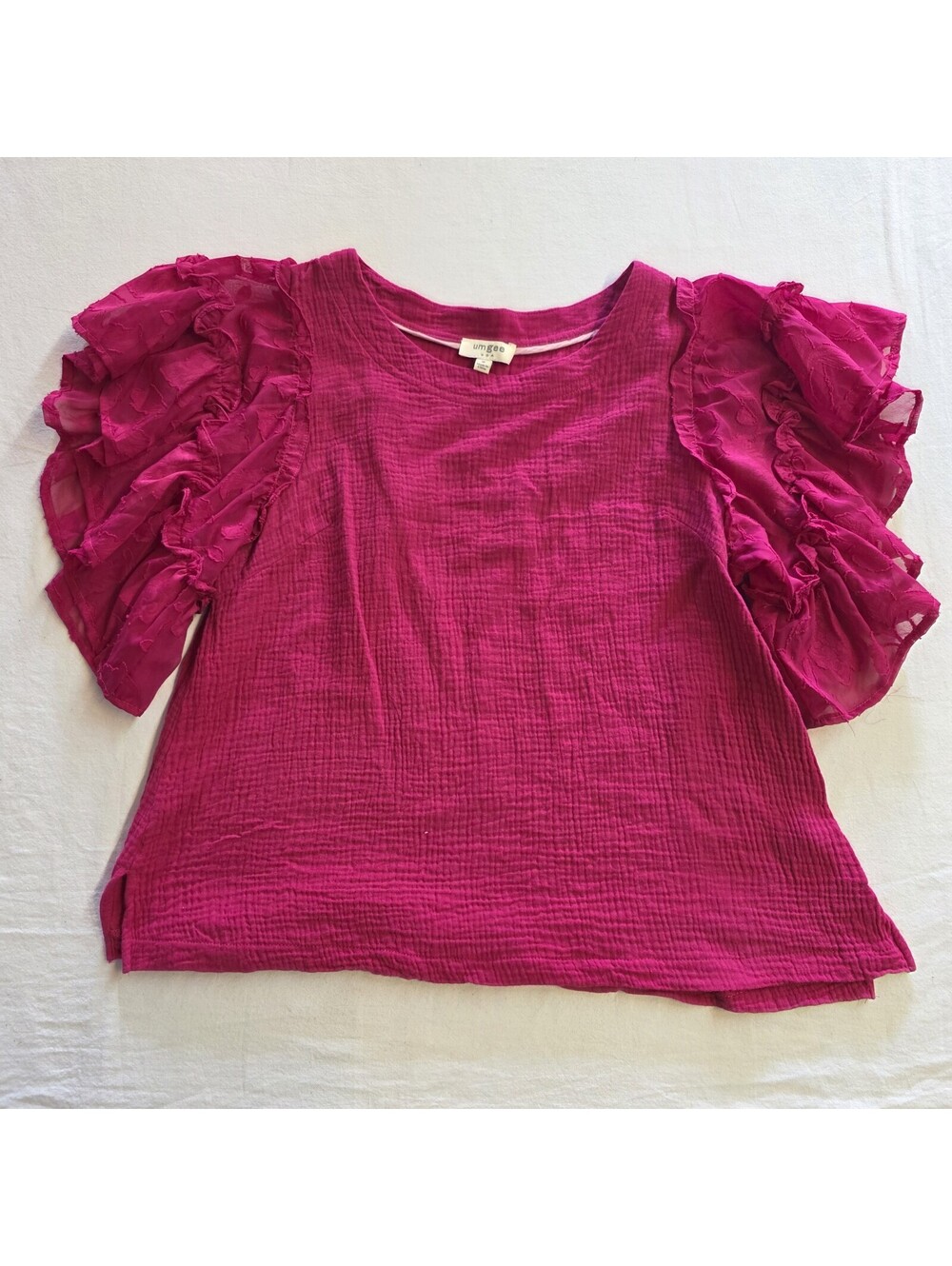 Umgee Blouse Womens Pink Ruffle Flutter Sleeve Round Neck Casual Top Solid M